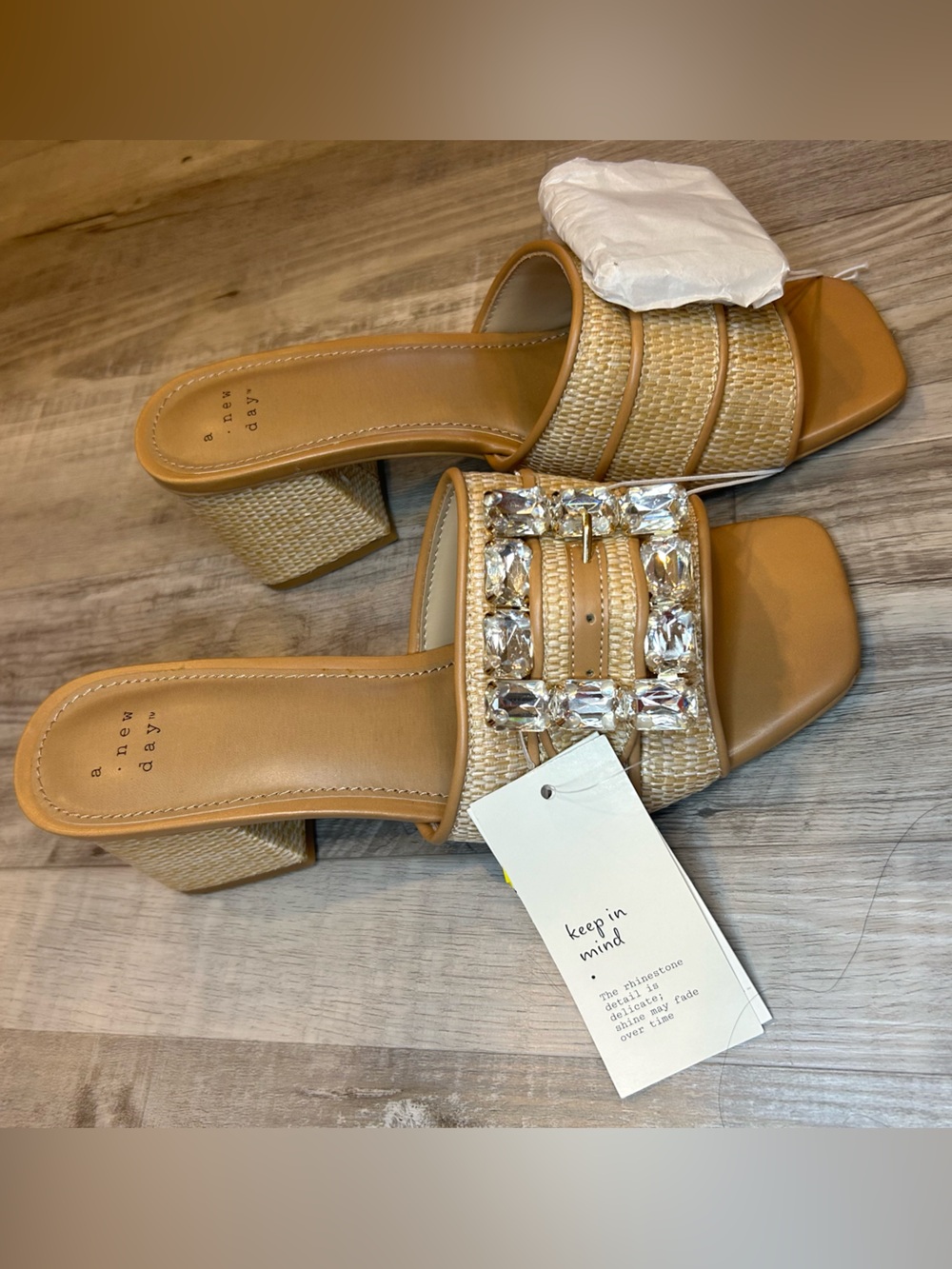 NWT Women's Kathleen Raffia Buckle Block Heels A New Day Size Rhinestone - Picture 3 of 10